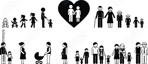 Family life cycle icon set showing parents, children and aging stages with heart symbol isolated on white background flat vector illustration