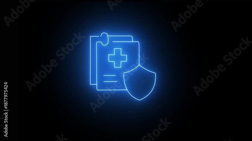 blue Neon Health Insurance Document and Animated medical card icon Green Shield Icon on Dark Background medical healthcare