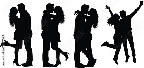 Romantic couple silhouette collection showing kissing, hugging and joyful lovers in expressive poses isolated on white background love relationship vector illustration