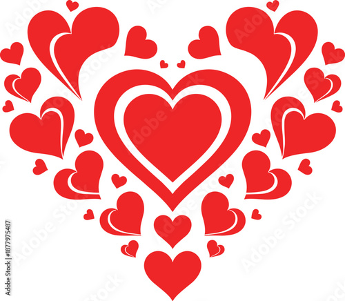 Red heart wreath composition with layered love symbols forming romantic Valentine decoration isolated on white background vector illustration design