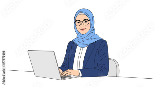 Professional Muslim Woman Wearing Hijab and Glasses Working on Laptop at Desk Creating Digital Content for Business or Education