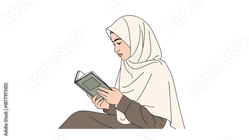 Young Woman Wearing Hijab Reads Open Book Focusing on Education and Learning Knowledge Outdoors Natural Light