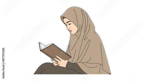 Young woman wearing hijab reading a book intently isolated on a white background educational and cultural learning concept