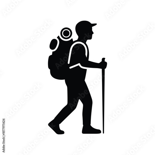 Hiker silhouette vector with backpack and walking stick for outdoor adventure design