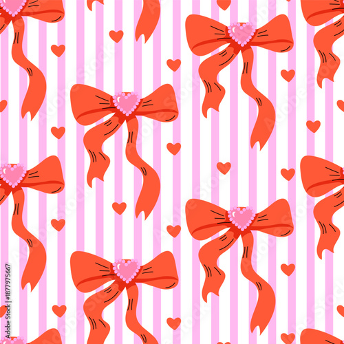 Seamless pattern with flirty red bows and hearts on a striped background. Playful romantic design perfect for Valentine's Day, wrapping paper, textiles, stationery, and decorative backgrounds.