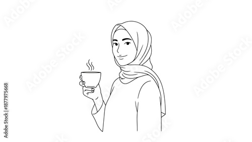 Woman wearing hijab holding a steaming cup of beverage with a gentle smile expressing warmth and comfort elegant line art style illustration