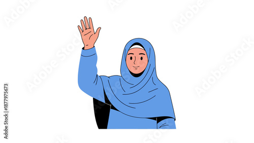 Young woman wearing a blue headscarf smiles and raises her hand in a friendly greeting gesture isolated on a white background symbolizing welcome and