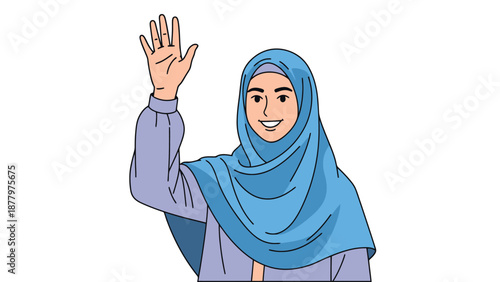 Young Muslim Woman Wearing Hijab Waving Hand Smiling Friendly Greeting Gesture Caucasian Ethnic Appearance Simple Artwork