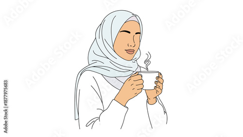 Woman Wearing Hijab Holding Warm Mug Enjoying Aromatic Beverage With Eyes Closed Relaxing Moment Outdoors