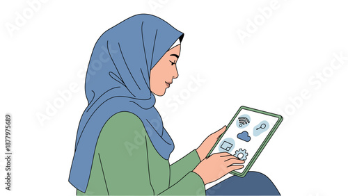 Young Muslim Woman Wearing Hijab Interacting With Digital Tablet Showing Cloud Computing Technology Icons and Connection Symbols For Global Network