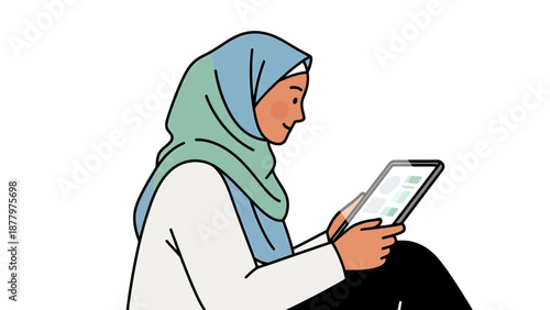Young woman wearing a headscarf smiles while looking at a digital tablet in her hands in a modern flat style isolated on white background