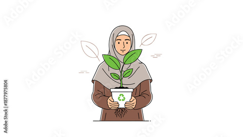Woman wearing hijab holding potted plant with eco symbol promoting sustainable environmental protection conservation and healthy green growth for