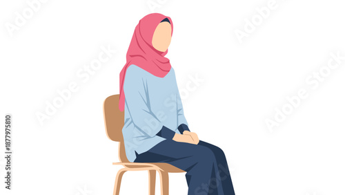 Woman Wearing Pink Headscarf Sitting On Chair Isolated On White Background Showing Modesty And Tradition