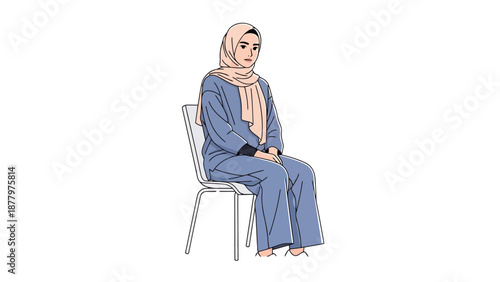 Young Woman Wearing Hijab Seated Indoors on a Chair Isolated on White Background and Looking Forward
