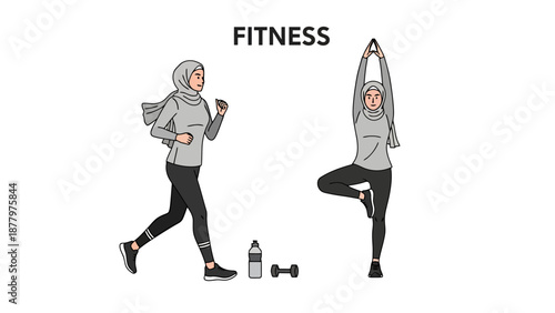 Active Muslim Woman Engages in Healthy Lifestyle Activities Including Running and Yoga Exercises For Wellness And Physical Fitness
