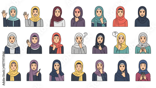 Diverse Female Characters Wearing Headscarves Expressing Various Emotions and Poses for Digital Media Projects