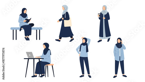 Diverse Muslim Women Depicted in Various Activities Representing Modern Life Such As Study Work And Casual Outings