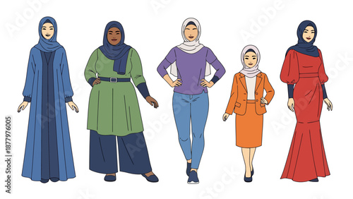 Diverse women wear traditional and modern modest attire including hijabs and long dresses showcasing different body types and styles for cultural