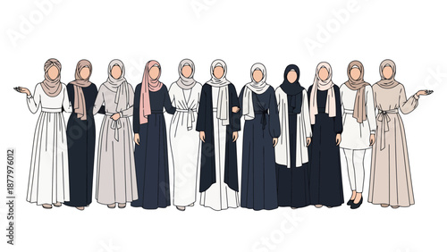 Diverse Group of Women Showcasing a Variety of Modest Fashion Styles with Headscarves and Elegant Dresses and Outfits