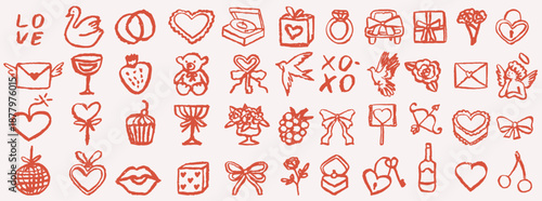 Retro vintage valentines day icons. Doodle sketch drawings in grunge charcoal style for wedding party celebration perfect for posters and invitation cards. Hand drawn chalk elements.