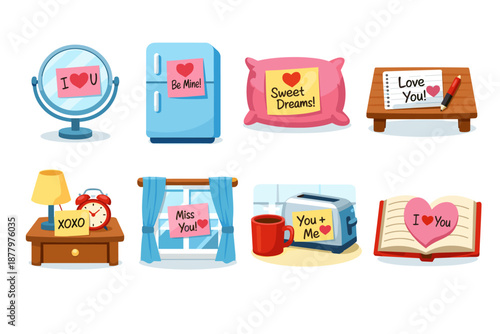 Romantic household items love icons set