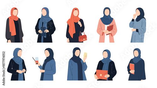 Diverse Group of Women Wearing Hijabs Engaged in Various Activities showcasing Professionalism and Modern Lifestyle with Personal Accessories