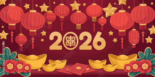 Festive chinese new year celebration with red lanterns golden ingots and the year 2026 design high quality