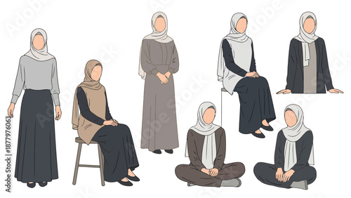 Diverse female modest clothing styles shown in various seated and standing poses demonstrating elegant modest fashion for women worldwide