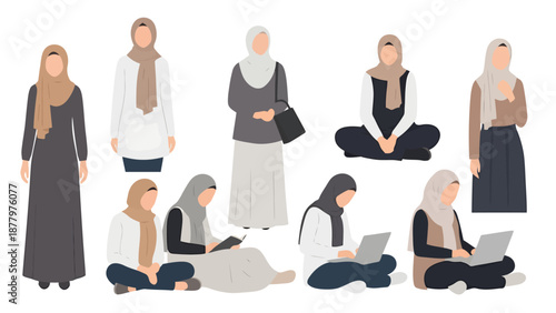 Diverse group of women wearing hijabs engaged in various activities like reading and working on laptops in a flat design style