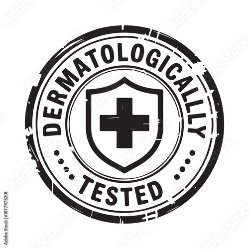 Dermatologically tested stamp with shield and medical cross black and white design