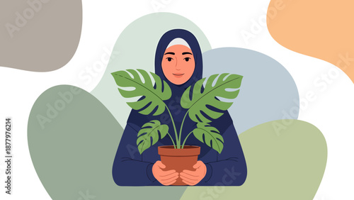 Woman Wearing Hijab Holding Potted Plant with Large Leaves Indoor Gardener Caring for Houseplant Greenery Home Decor Abstract Shapes Background