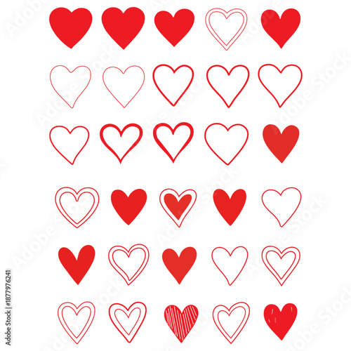 Collection of red and white heart shapes in various styles and line art