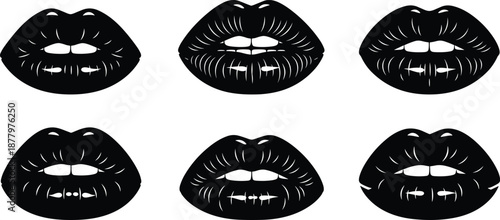 Black lips silhouette icon set with sensual mouth expressions isolated on white background minimalist beauty fashion vector illustration