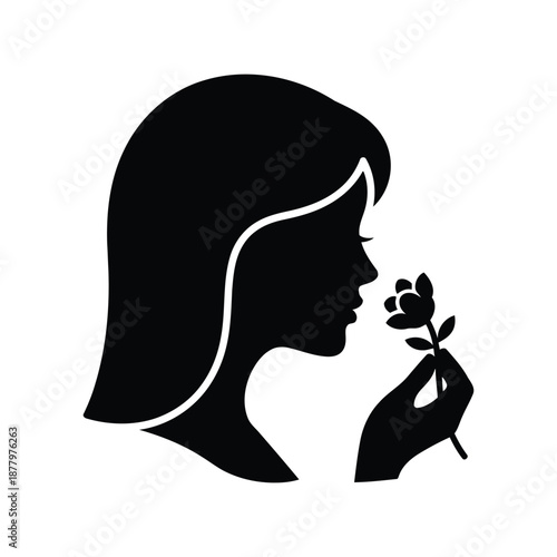 Woman silhouette smelling flower vector illustration, black and white profile art