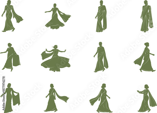 Collection of Dancing Women Silhouettes in Traditional Attire