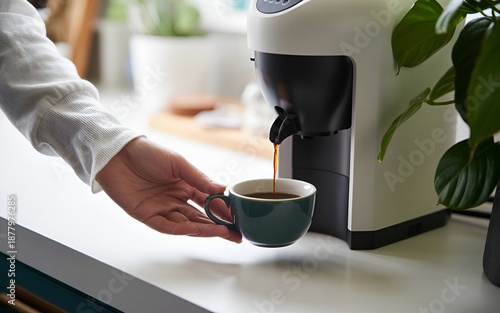 Young Woman Pouring Coffee from Coffee Machine in Home Kitchen