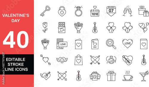Valentine’s Day editable line icon set with love, gifts, hearts and romance symbols for web, app and print design