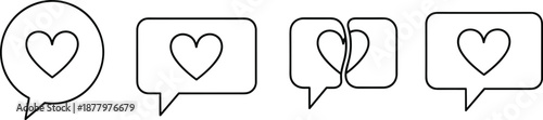 Heart chat bubble icon set representing love messages, social media likes and romantic communication in minimalist outline vector style