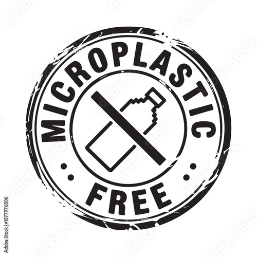 Microplastic free certification stamp with a crossed out plastic bottle icon