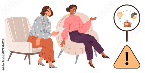 Business collaboration, risk management, teamwork, decision-making, data analysis, entrepreneurial ideas. Two women talking, illustrated warning sign and business elements. Risk management
