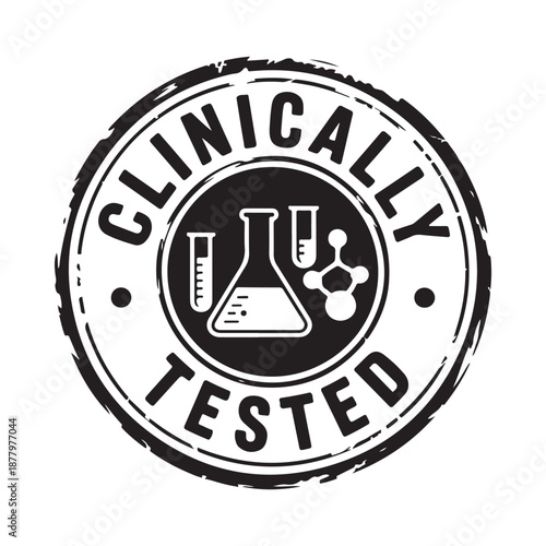 Clinically tested stamp with scientific symbols beakers paw prints and molecules