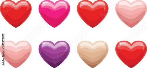 Glossy colorful heart icon set with shiny candy style love symbols isolated on white background vector illustration design