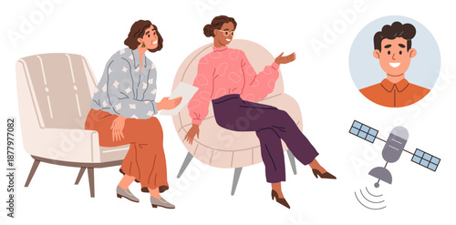 Virtual meetings, remote communication, digital networking, technology integration, modern work, global connectivity. Two women talking with virtual elements thumbs up a satellite and a screen