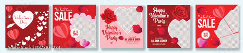 Valentine square flyer poster templates pack with romantic love celebration party theme and modern 3D heart vector illustration background design