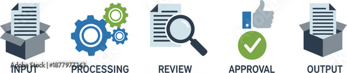 Data Processing Workflow Icons with Steps illustrating Input, Processing, Review, Approval, and Output stages in a sequential graphic representation
