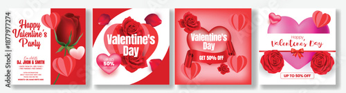 Valentine website banner template set with romantic 3D heart vector illustration backgrounds for Valentine’s Day sale discount and celebration party promotions square flyer poster for social media ads