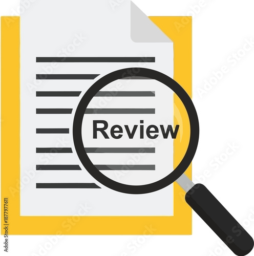 A magnifying glass examining a review document with detailed text on a yellow background viewed from a straightforward perspective.