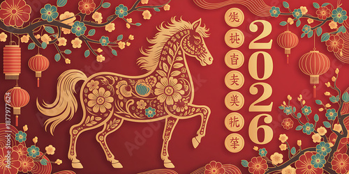 Chinese new year horse design with lanterns and flowers on red background for 2026 celebration high quality