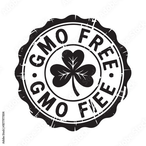 Black and white circular gmo free stamp with a clover illustration
