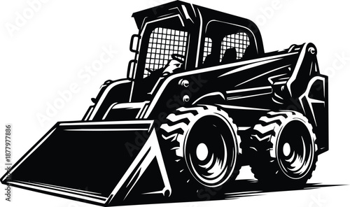 Black skid steer loader illustration heavy construction equipment with bucket and tires isolated on white background for industrial design